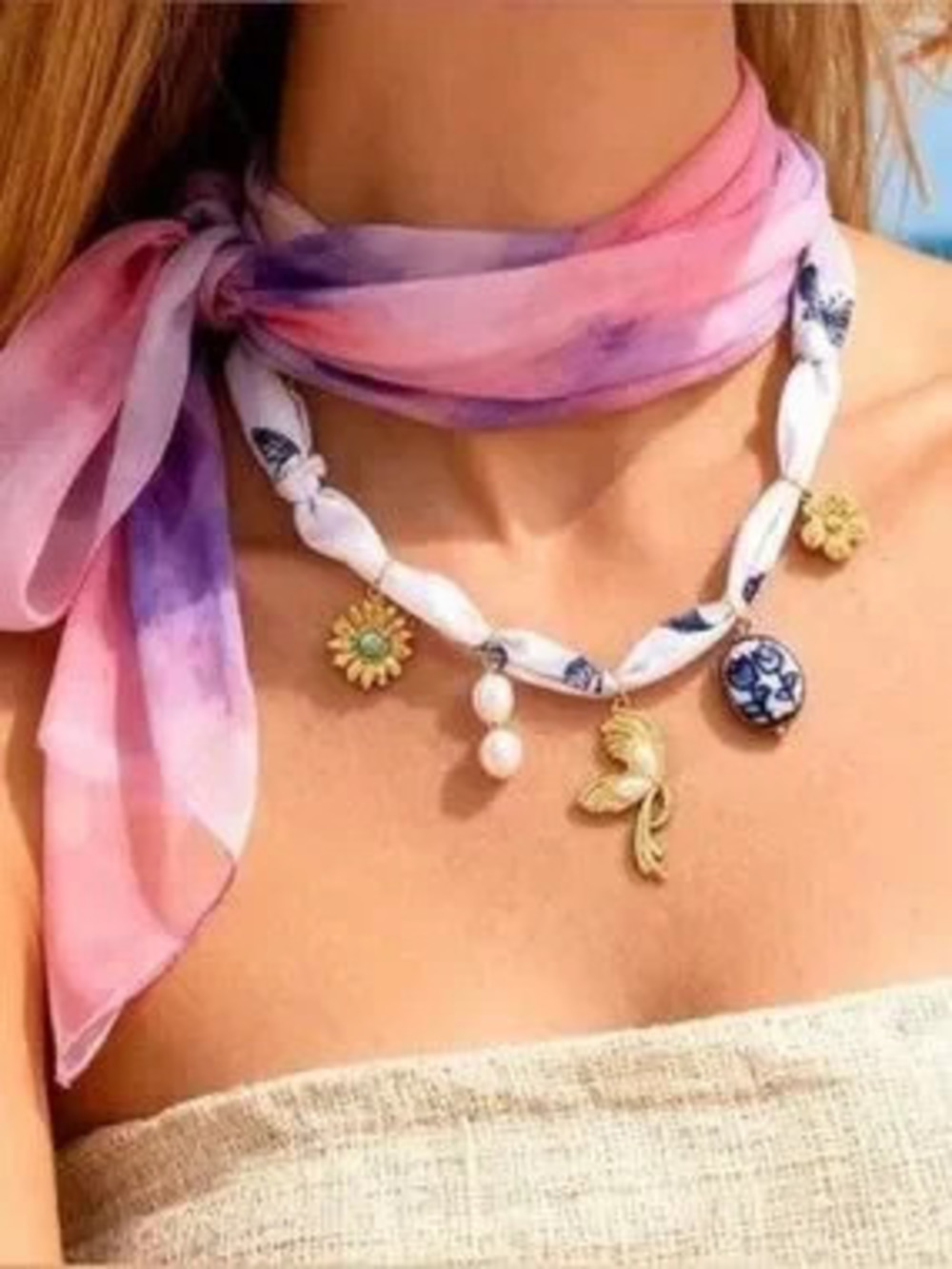 New Anthropologie White Scarf Necklace with Navy Butterfly Print & Gold Charms